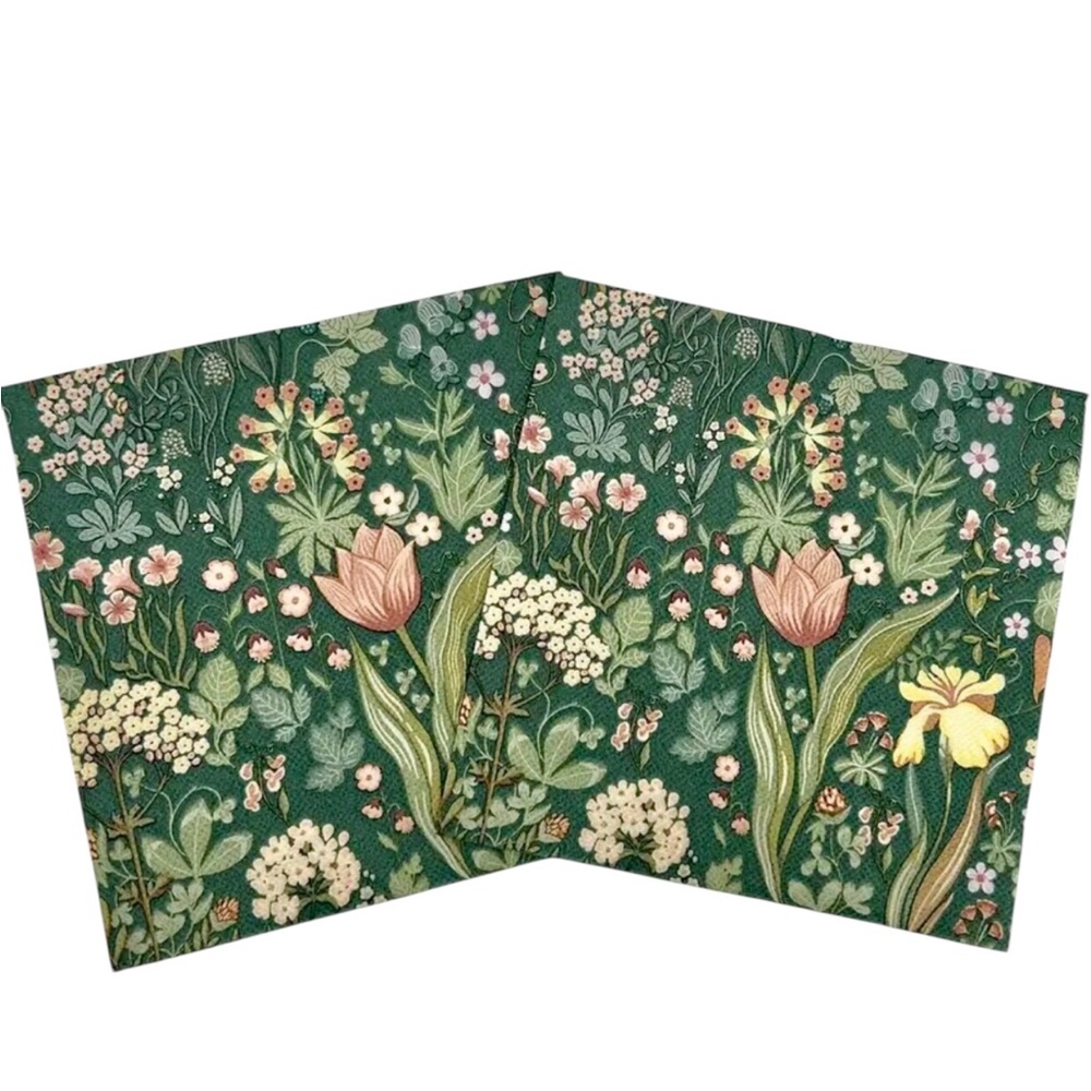 Two (2) Individual Decoupage Floral Green Luncheon Size Paper Napkins
